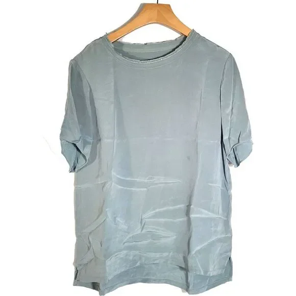 Women's 100% Silk Size M Short Sleeve Top Shirt Raw Collar Hem Design SBK115 - Picture 2 of 6